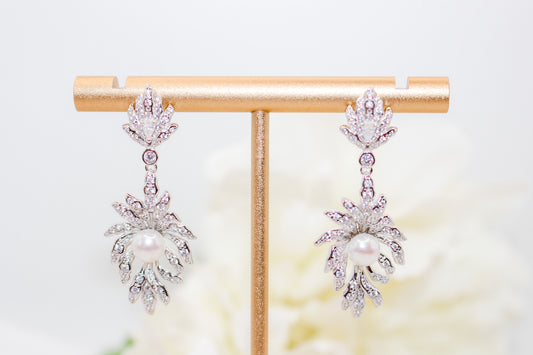 Silver Leaf Pearl Drop Earrings