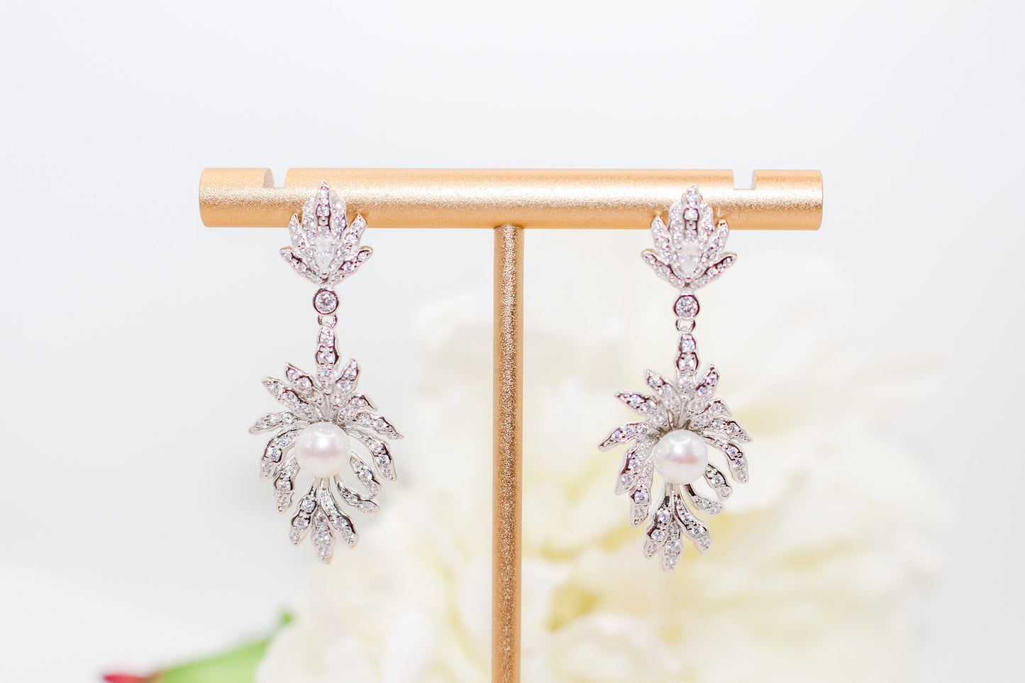 Silver Leaf Pearl Drop Earrings