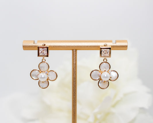 Gold Pearl Clover Drop Earrings