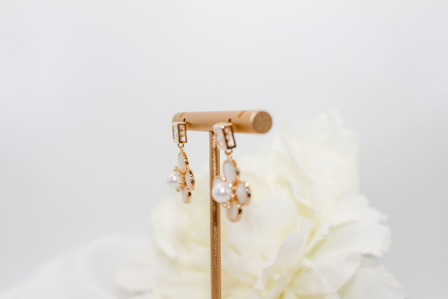 Gold Pearl Clover Drop Earrings