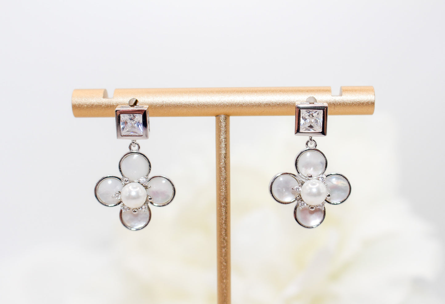 Silver Clover Pearl Drop Earrings