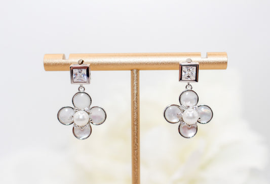 Silver Clover Pearl Drop Earrings