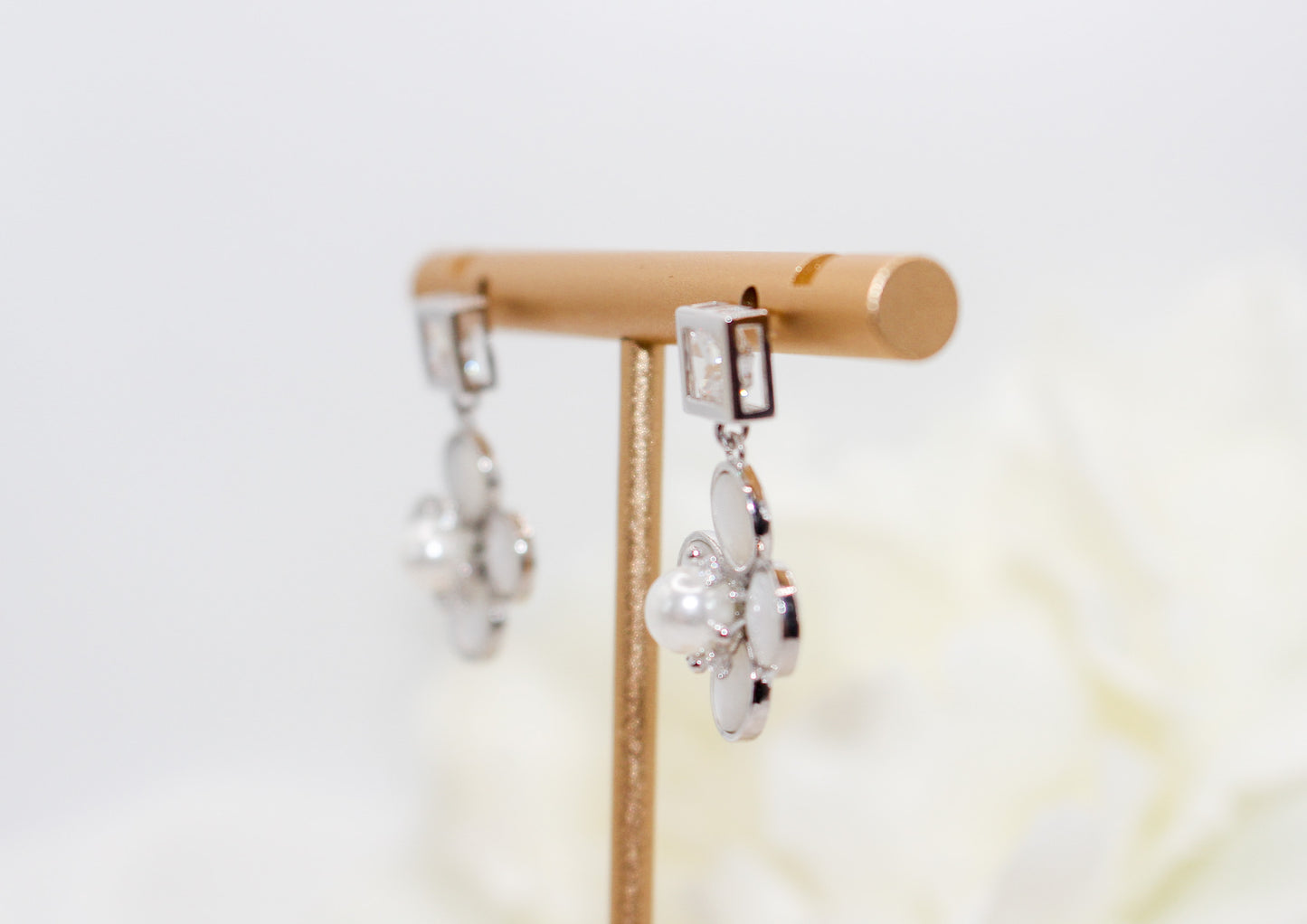 Silver Clover Pearl Drop Earrings
