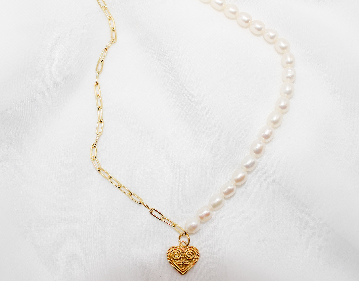 Gold Heart Pearl Necklace