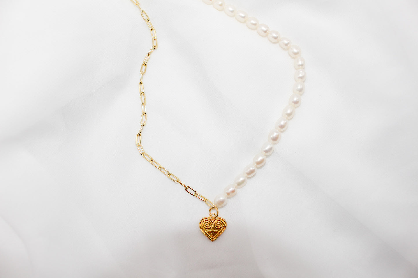 Gold Heart Pearl Necklace