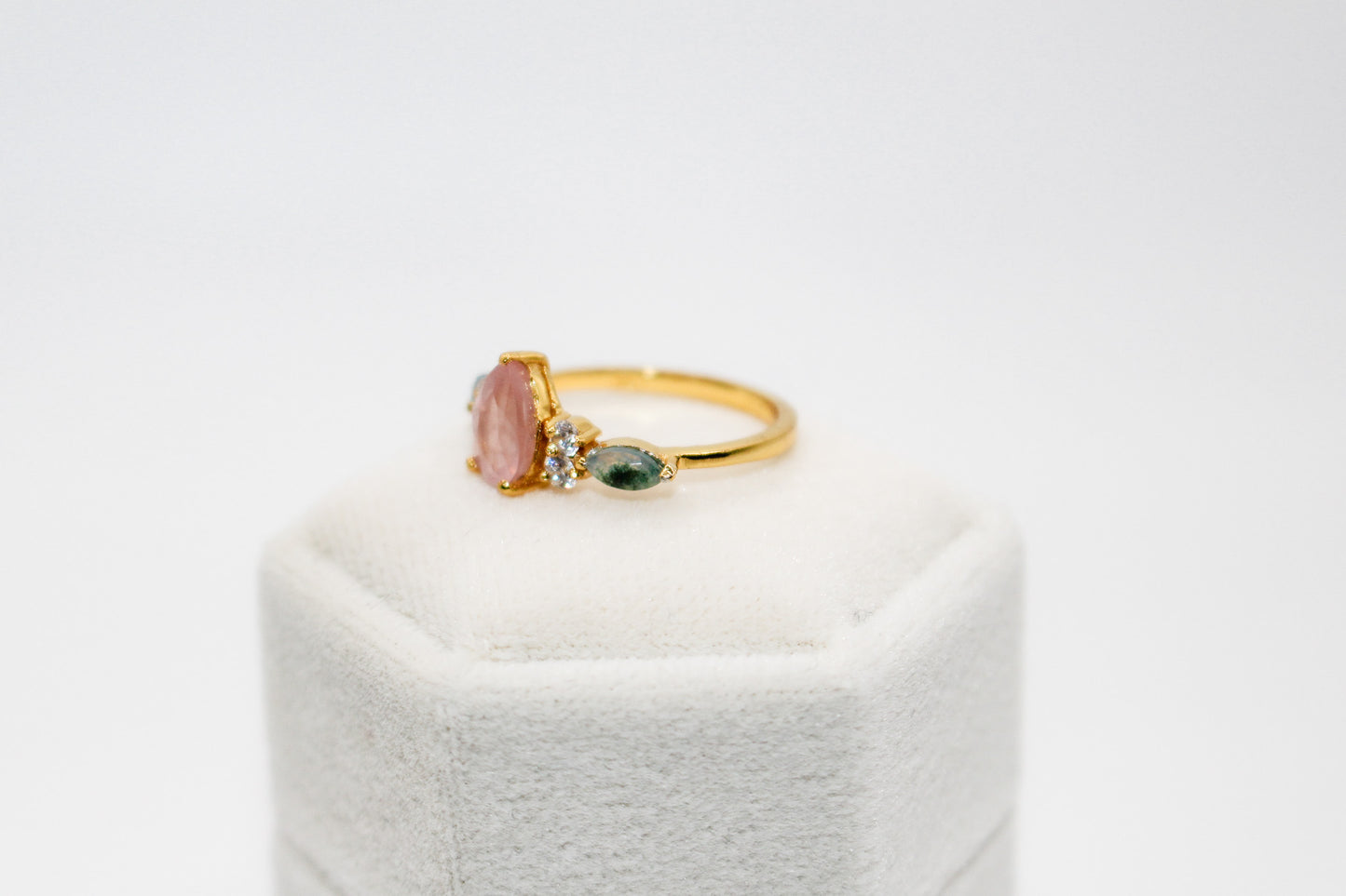 Rose Quartz and Moss Agate Ring Set