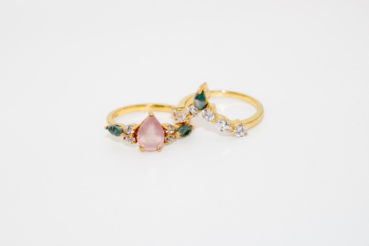 Rose Quartz and Moss Agate Ring Set