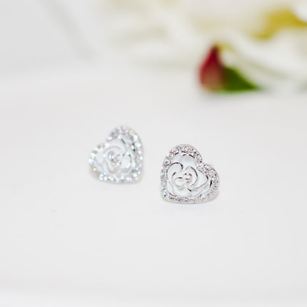 Silver Rose Heart Earrings