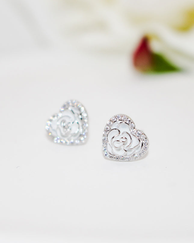 Silver Rose Heart Earrings