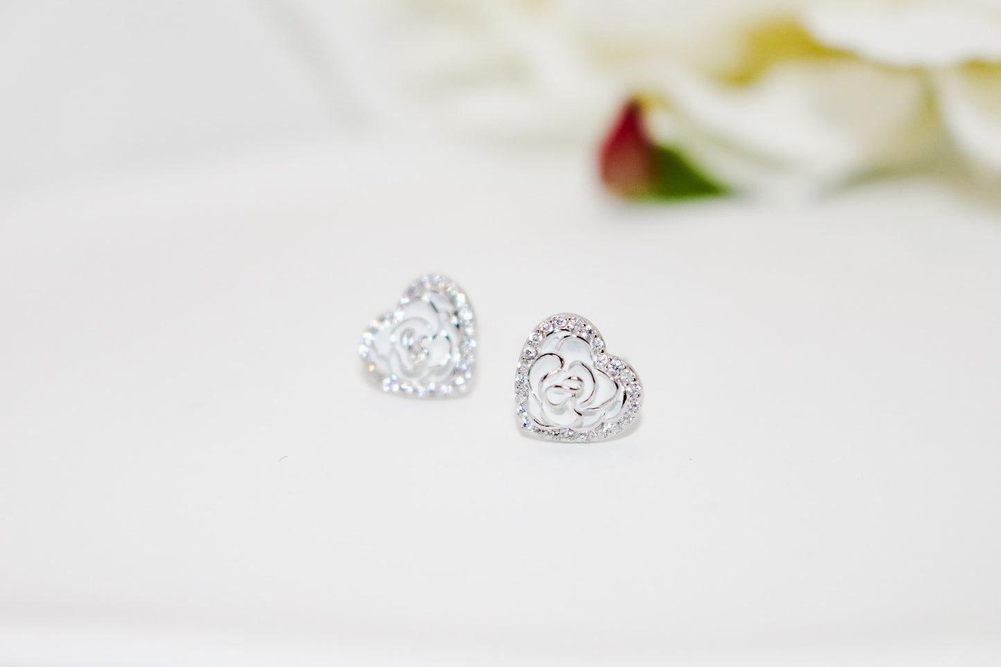 Silver Rose Heart Earrings