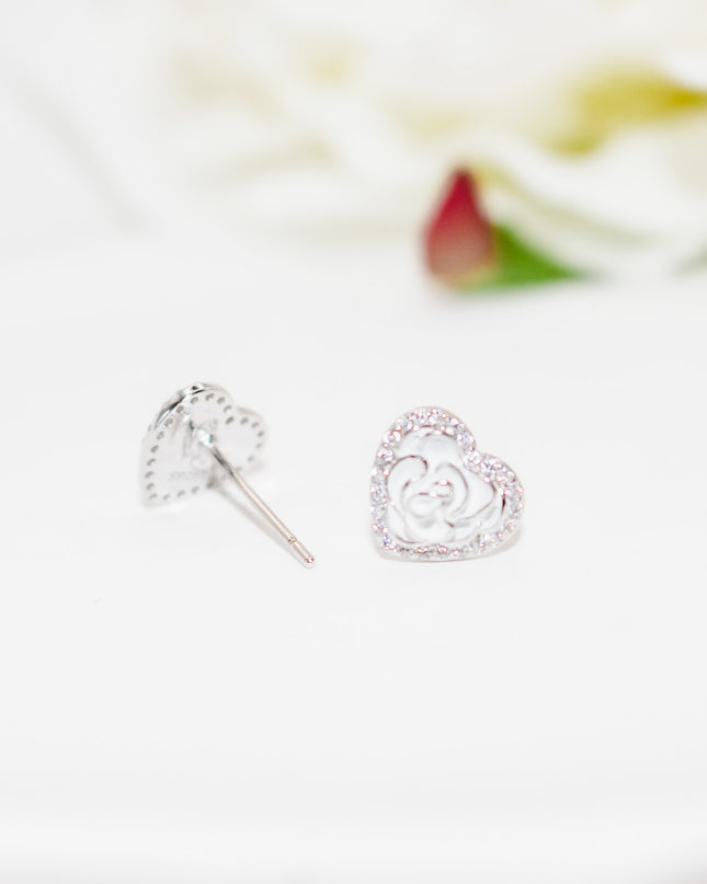Silver Rose Heart Earrings