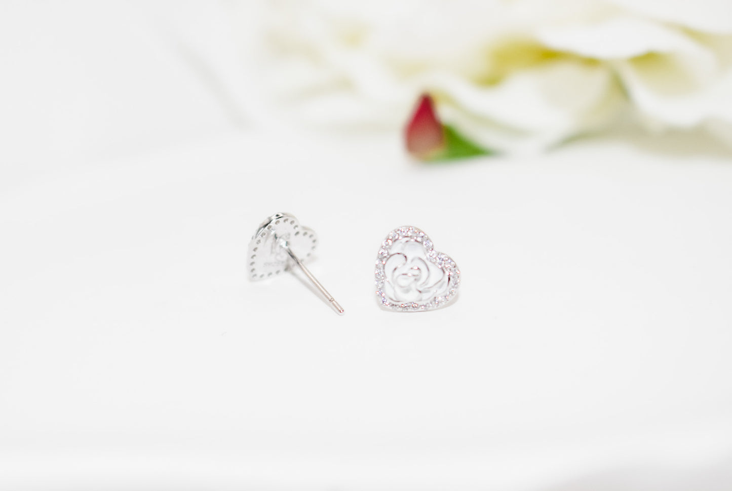 Silver Rose Heart Earrings