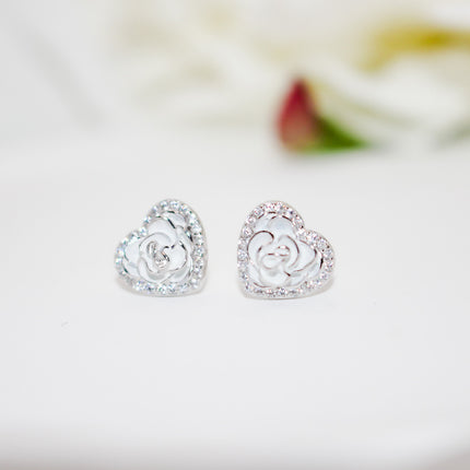 Silver Rose Heart Earrings