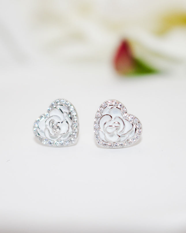 Silver Rose Heart Earrings