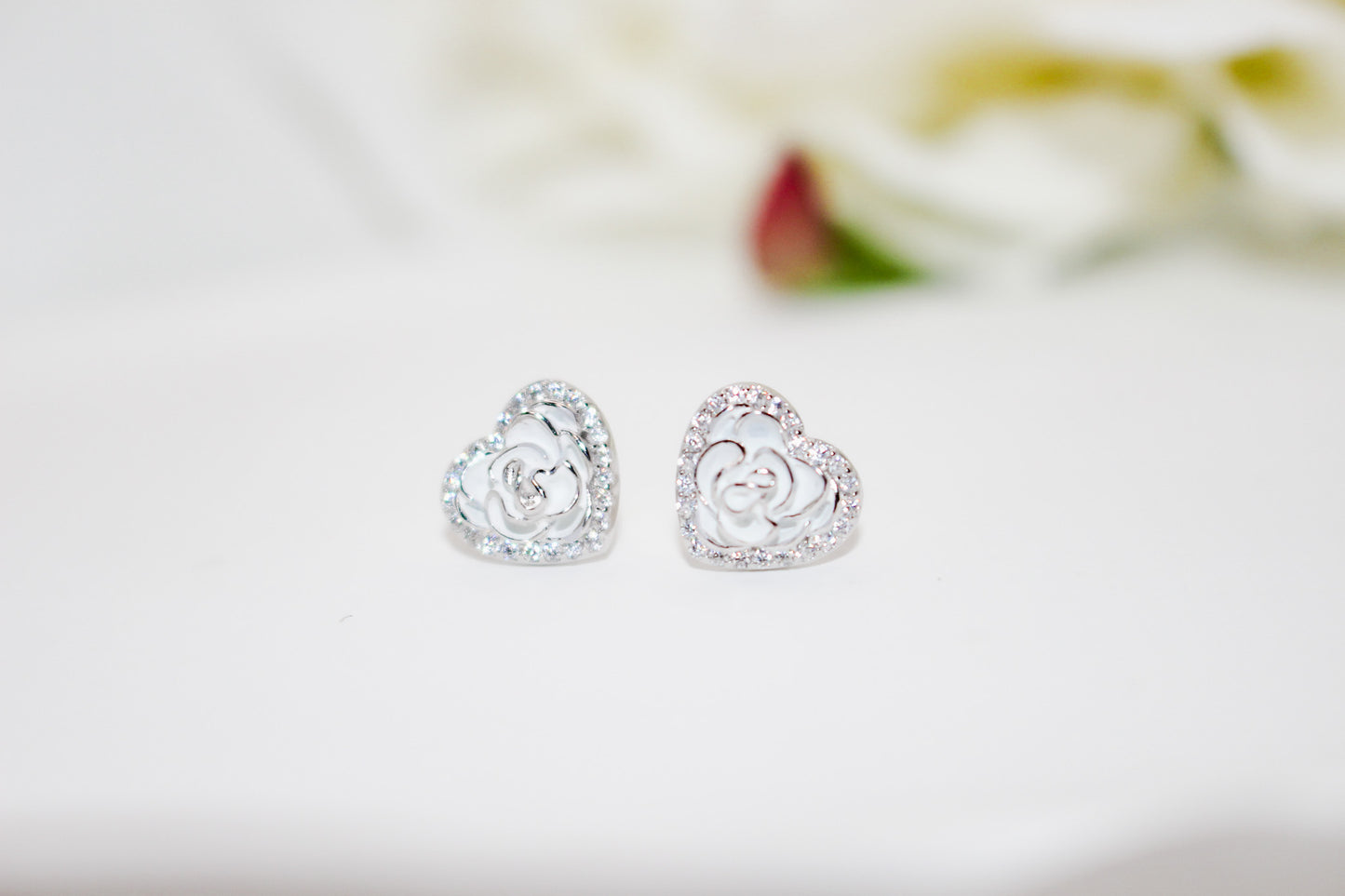 Silver Rose Heart Earrings