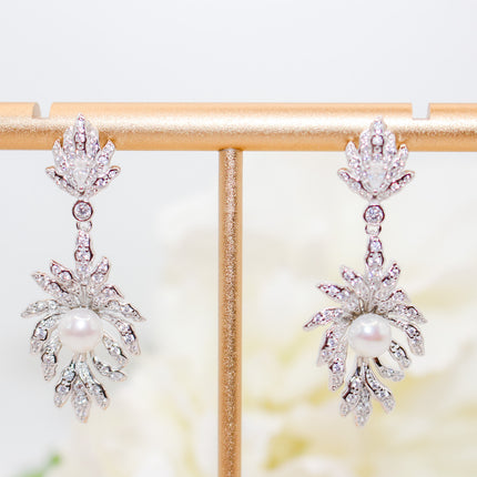 Silver Leaf Pearl Drop Earrings