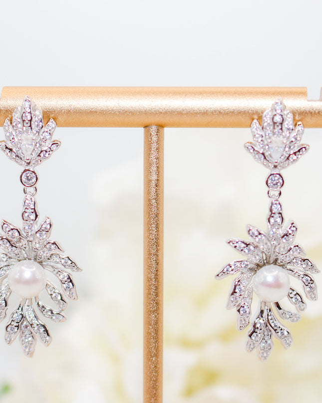 Silver Leaf Pearl Drop Earrings