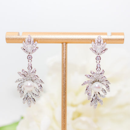 Silver Leaf Pearl Drop Earrings