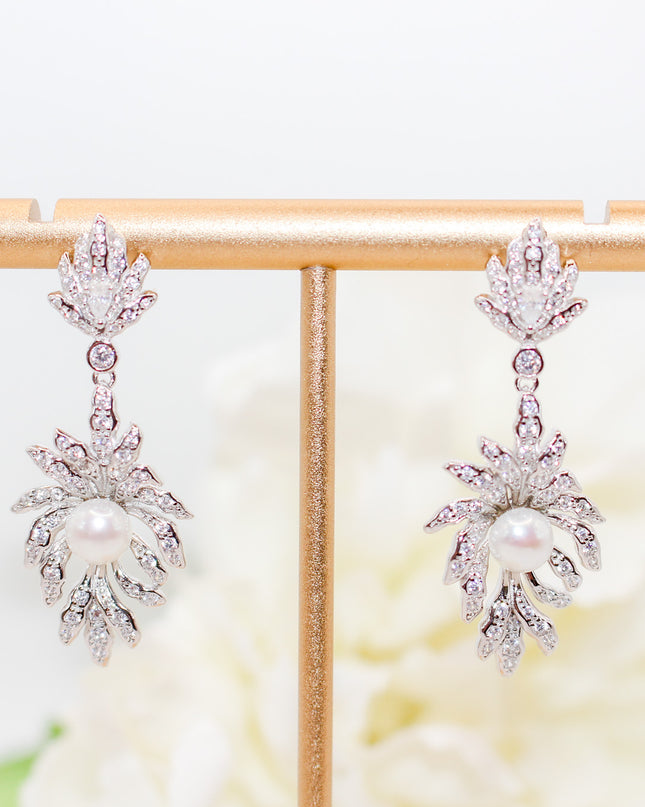 Silver Leaf Pearl Drop Earrings