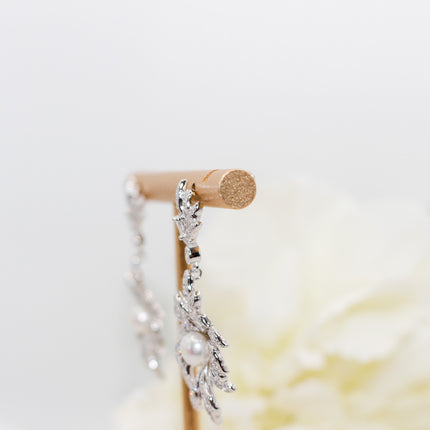 Silver Leaf Pearl Drop Earrings
