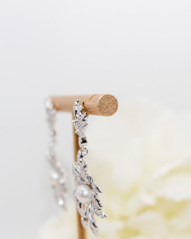 Silver Leaf Pearl Drop Earrings