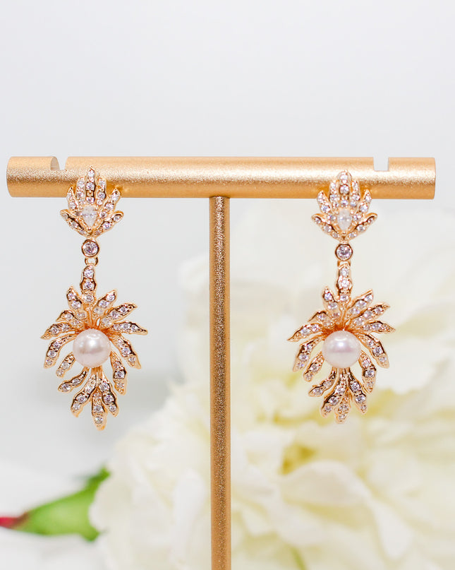 Gold Leaf Pearl Drop Earrings