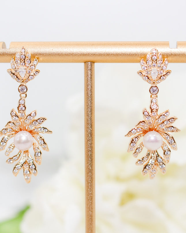 Gold Leaf Pearl Drop Earrings