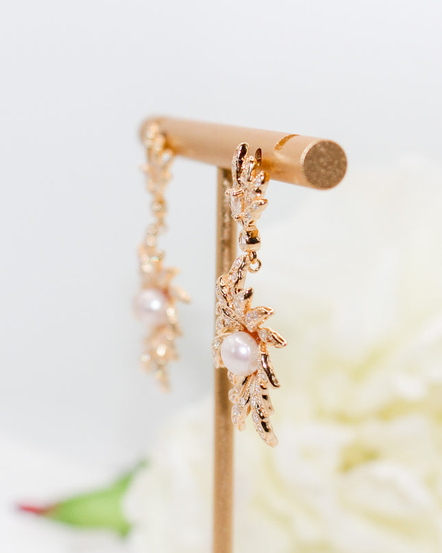 Gold Leaf Pearl Drop Earrings