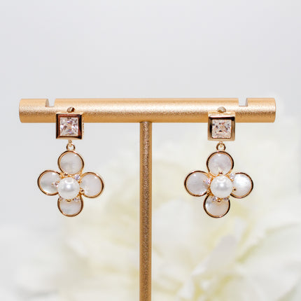 Gold Pearl Clover Drop Earrings
