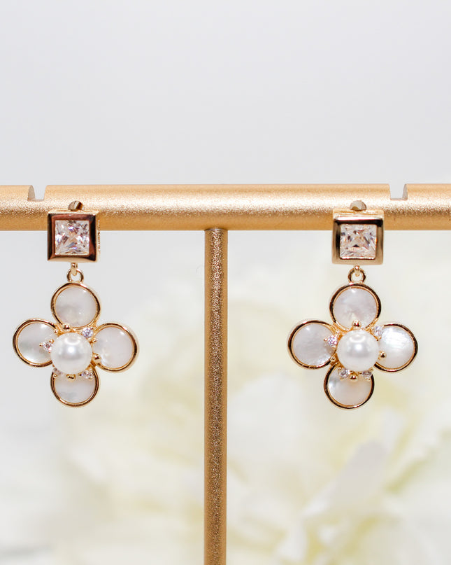 Gold Pearl Clover Drop Earrings