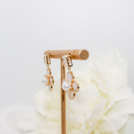 Gold Pearl Clover Drop Earrings