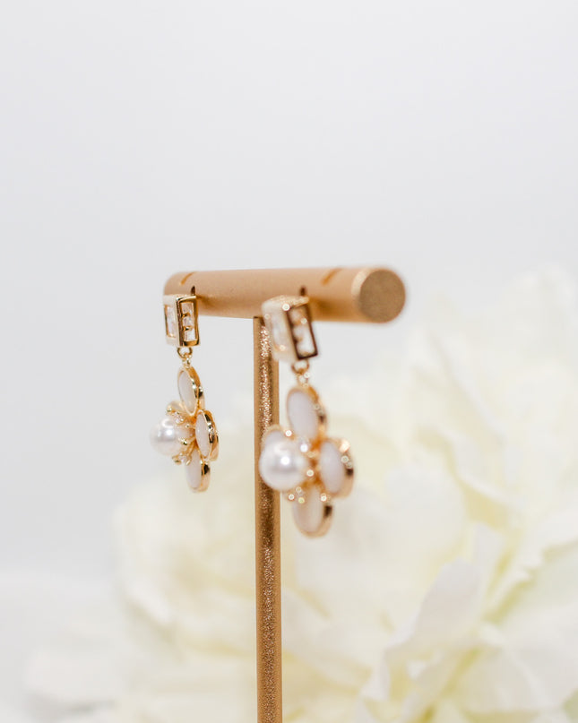 Gold Pearl Clover Drop Earrings