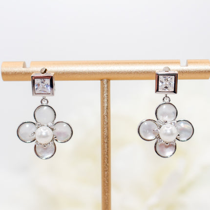 Silver Clover Pearl Drop Earrings