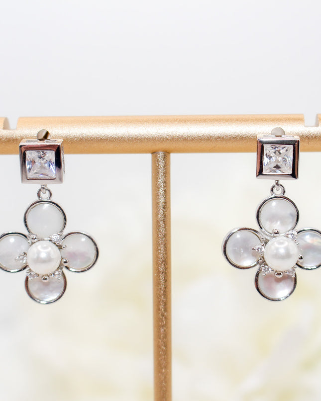 Silver Clover Pearl Drop Earrings