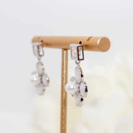 Silver Clover Pearl Drop Earrings