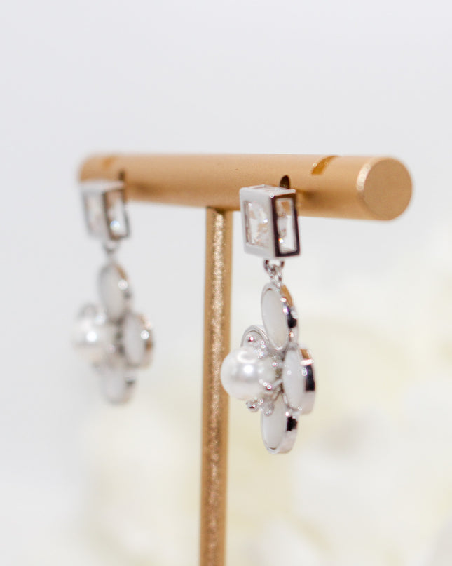 Silver Clover Pearl Drop Earrings