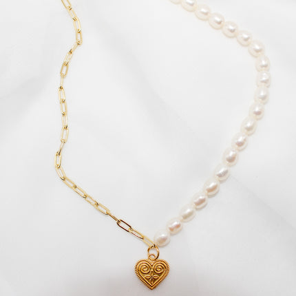Gold Heart Pearl Necklace