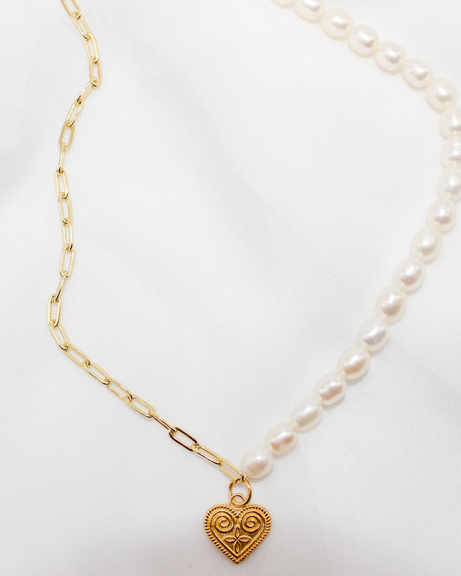 Gold Heart Pearl Necklace