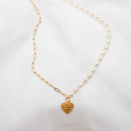 Gold Heart Pearl Necklace