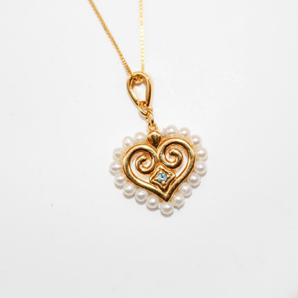 Pearl and London Blue Topaz Hmong Heart Necklace