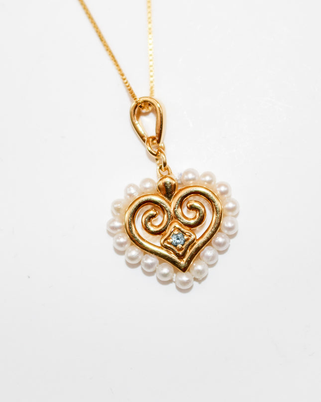 Pearl and London Blue Topaz Hmong Heart Necklace