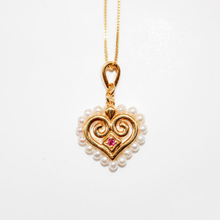 Rhodolite and Pearl Hmong Heart Necklace