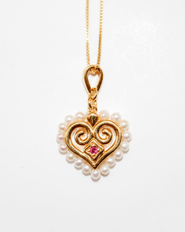 Rhodolite and Pearl Hmong Heart Necklace