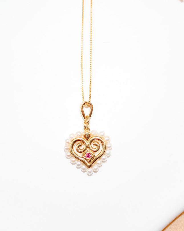 Rhodolite and Pearl Hmong Heart Necklace