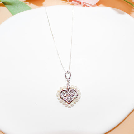 Silver Cubic Zircon and Pearl Hmong Heart Necklace