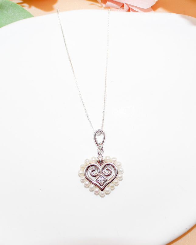Silver Cubic Zircon and Pearl Hmong Heart Necklace