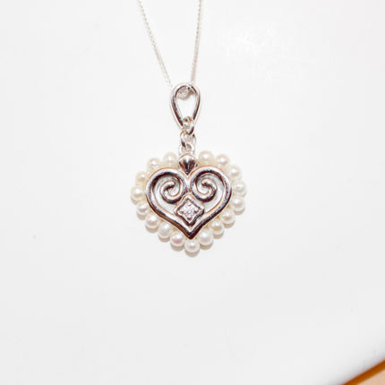 Silver Cubic Zircon and Pearl Hmong Heart Necklace