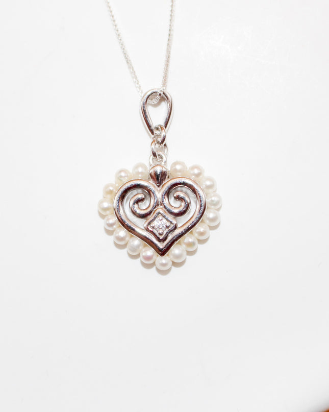 Silver Cubic Zircon and Pearl Hmong Heart Necklace