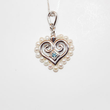 Silver London Blue Topaz Hmong Heart and Pearl Necklace