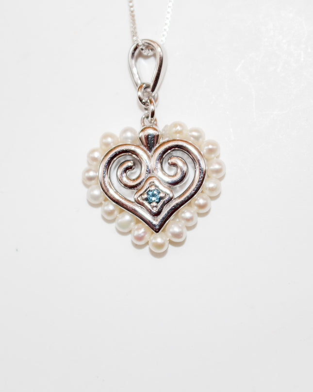 Silver London Blue Topaz Hmong Heart and Pearl Necklace